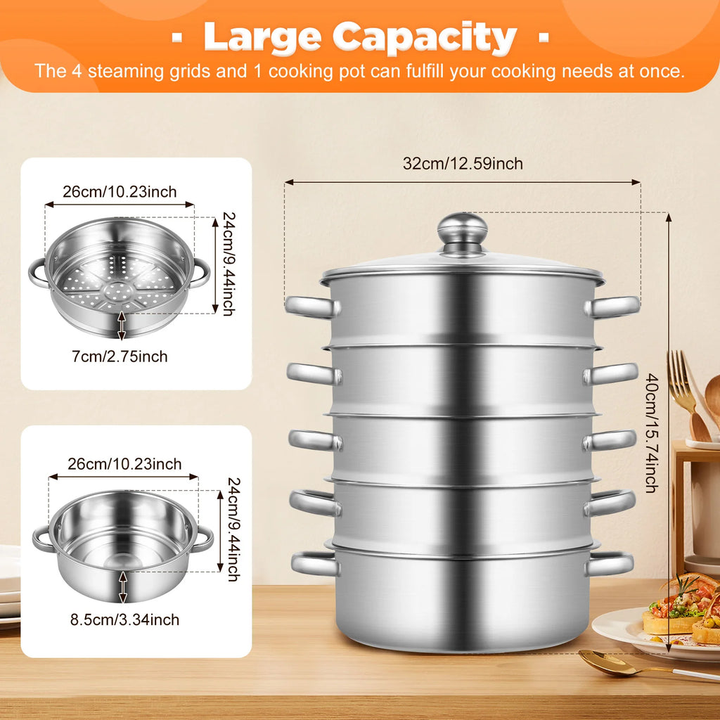 5-Tier Stainless Steel Steamer Cookware Cooking Pot Tier 4 Steaming Grids 1 Cooking Pot 28cm/30cm/26cm Steamer Pot
