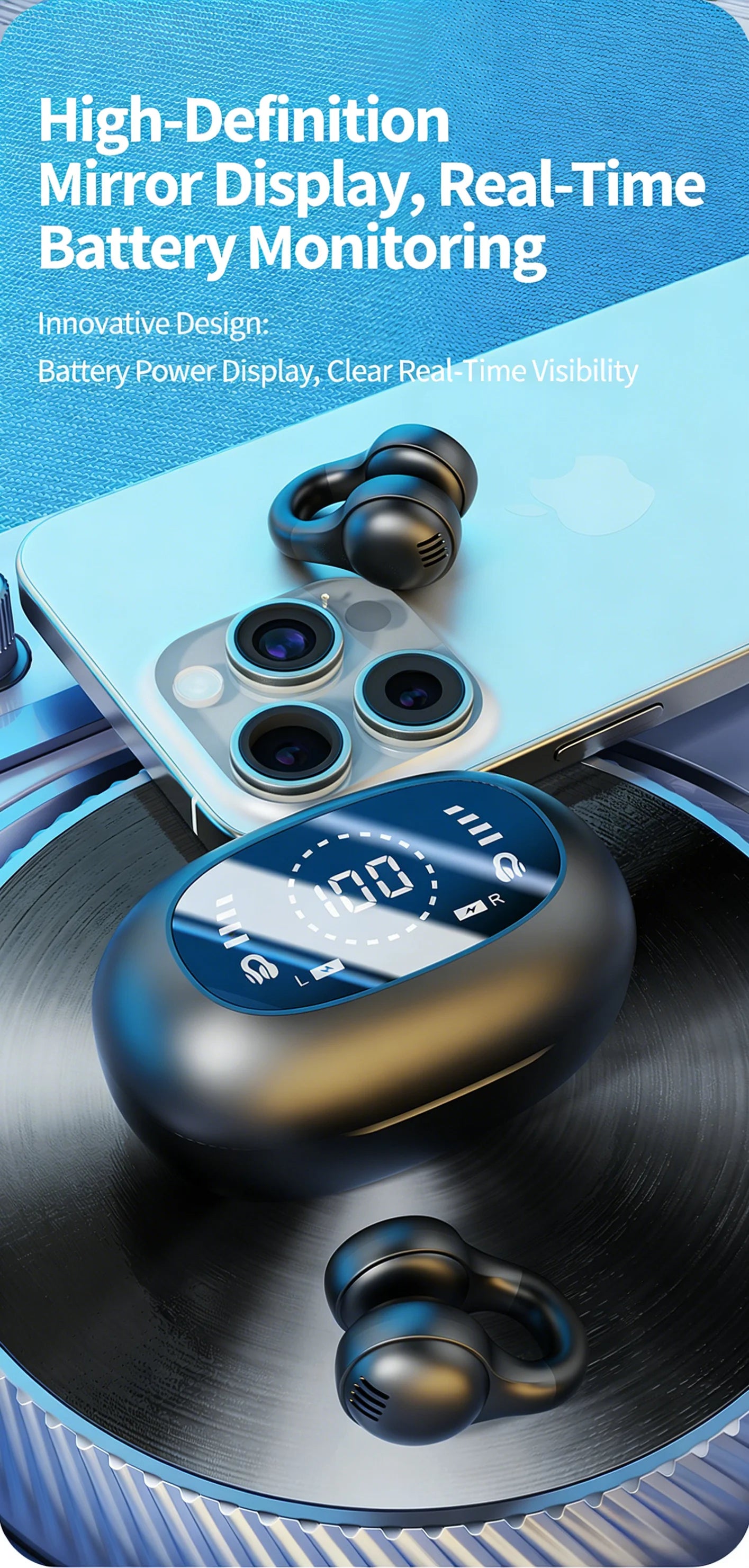 Sports Bluetooth Ear Clip Headphones LED Mirror Screen, HiFi Lossless Sound, Noise Cancelling, Soft Silicone Comfort Earphones