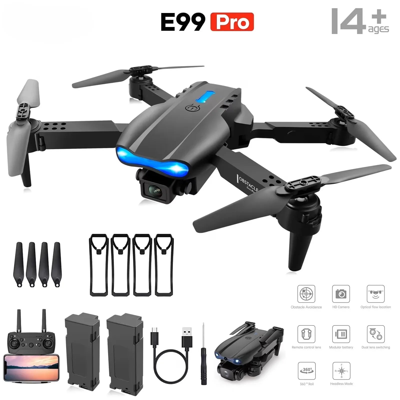 The 2026 upgraded E88 PRO MAX drone features dual 8K cameras, an on-screen remote control, two batteries, one-button return, foldability, USB charging, Wi-Fi, and flight gaming capabilities. Suitable for beginners, it makes a