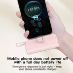 Mini portable 5000mAh power bank with built-in cable charging port, built-in LED lighting lamp, and built-in stand function