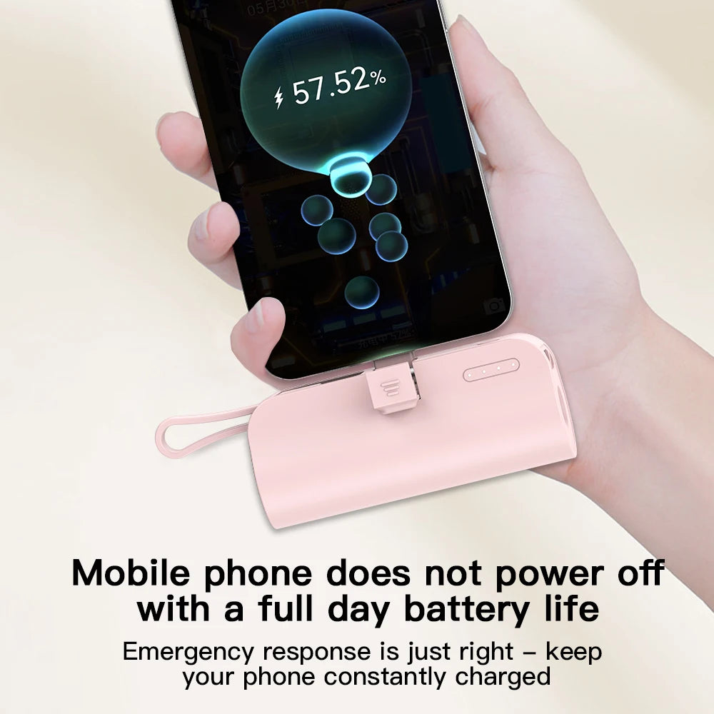 Mini portable 5000mAh power bank with built-in cable charging port, built-in LED lighting lamp, and built-in stand function