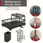 2-Tier Expandable Dish Drying Rack, Metal Kitchen Dish Rack and Drainboard Set with Knife Fork Holder & Cutting Board Organizer for Countertop