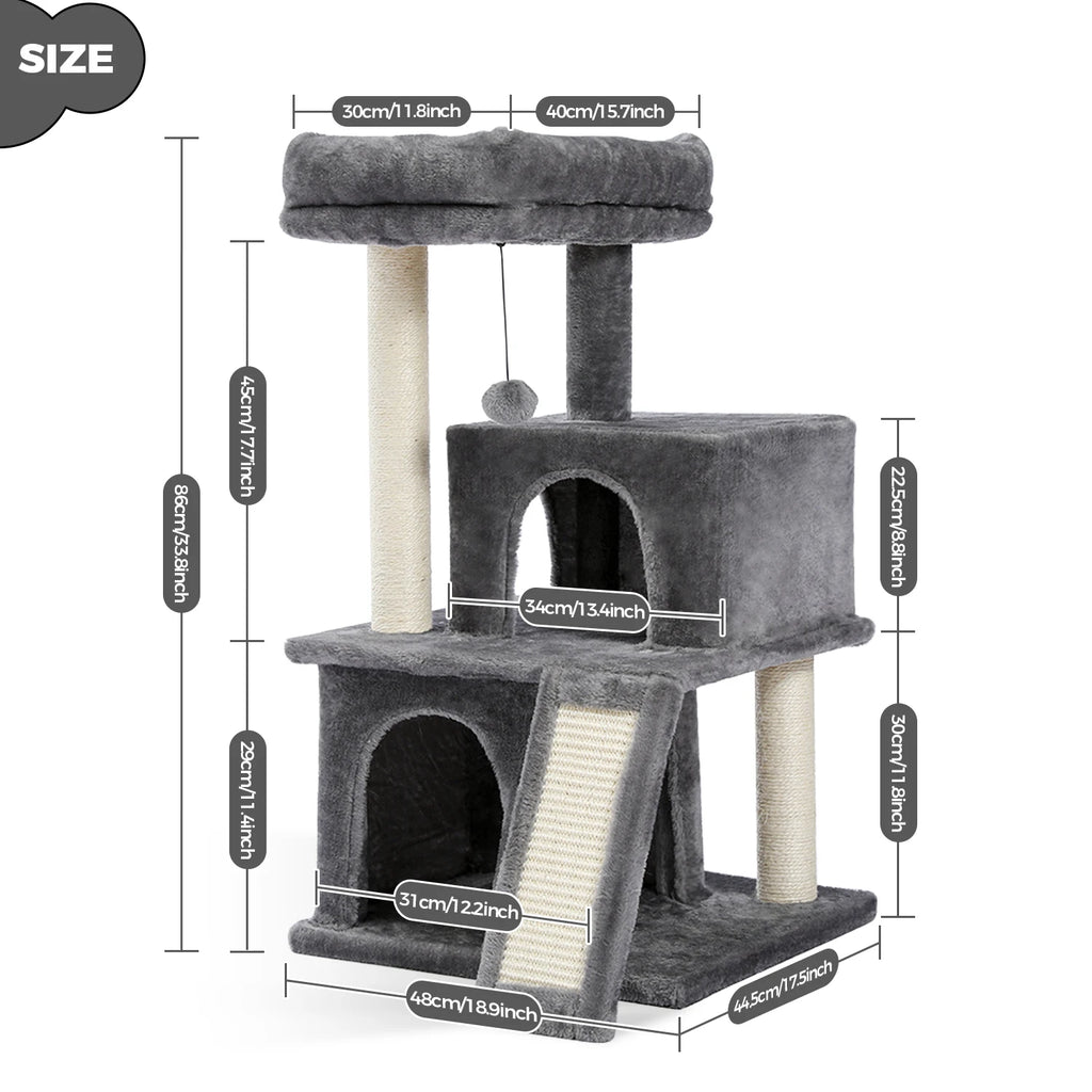 Cat Tree Multilevel Cat Tower with Double Condos, Spacious Perch, Fully Wrapped Scratching Sisal Post and Replaceable Balls