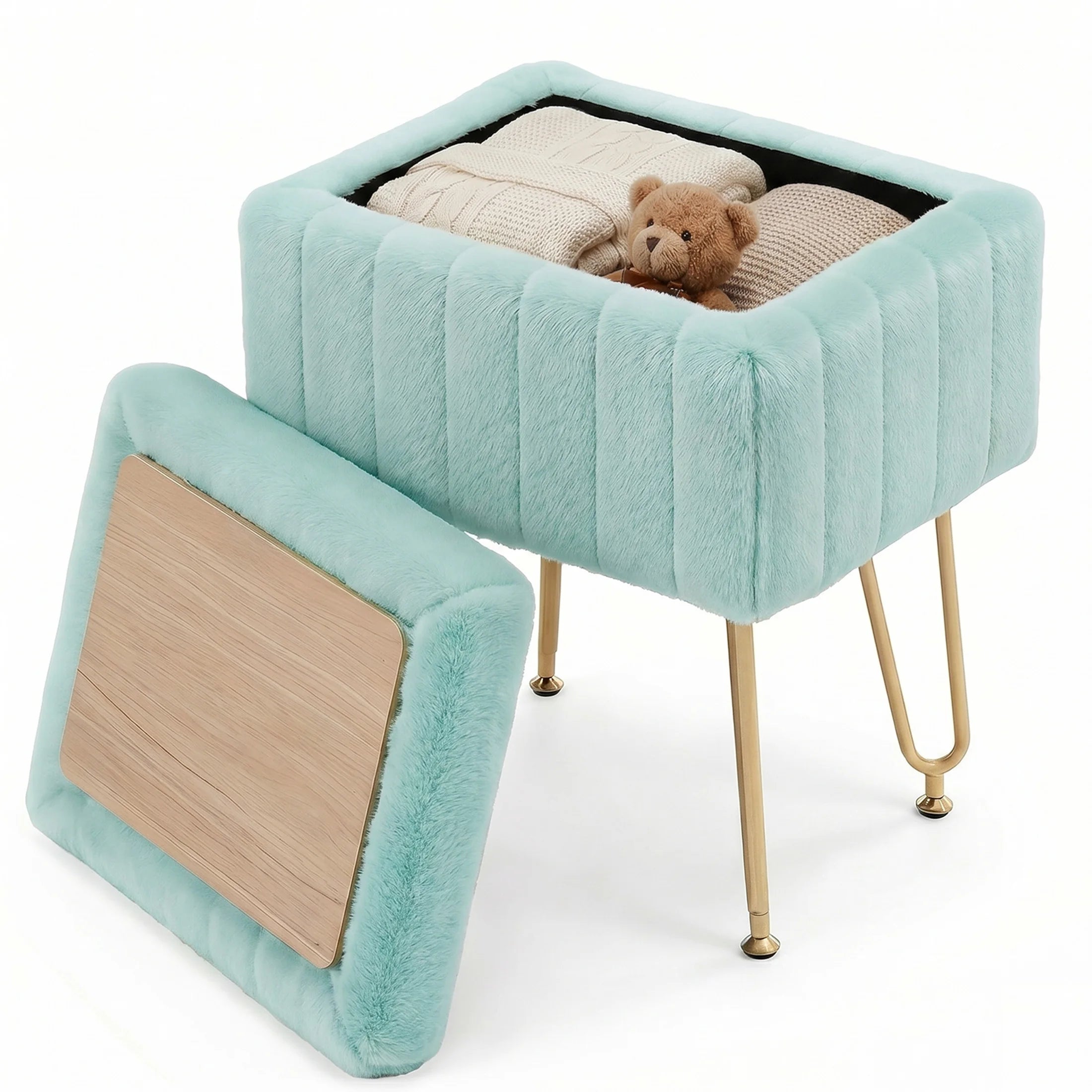 JHK Ottoman Faux Fur Vanity Stool Chair with Storage Padded Makeup with 4 Metal Legs Anti-Slip Adjustable Feet Living Room Hidden Storage Stools for Home Entryway