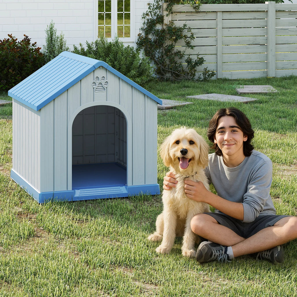 Small Basic Plastic Dog House, Weatherproof Indoor Outdoor Pet Shelter for Small Dogs