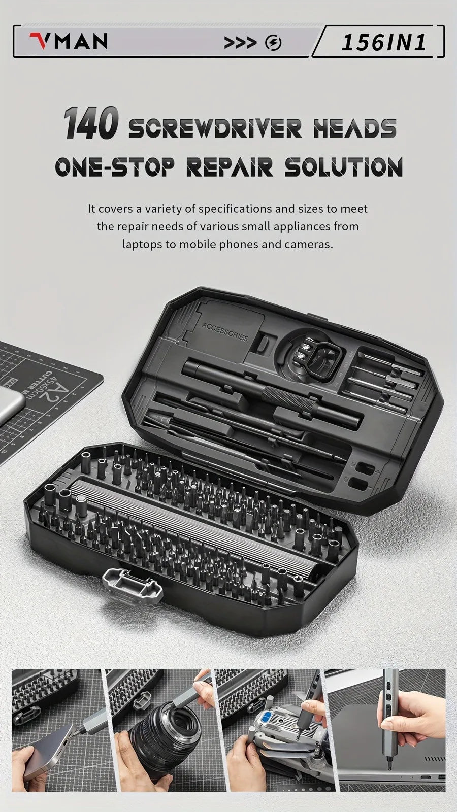 VMAN 156-in-1 Mini Electric Screwdriver Set Precision Repair Tools with Magnetic Phillips Screw Driver Bits for iPhone PC Watch Camera