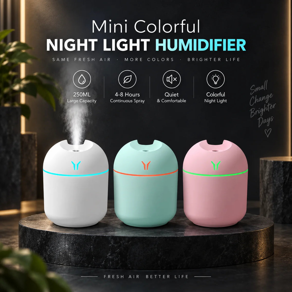 250ML Mini USB Air Humidifier Aroma Diffuser Essential Oil Cool Mist Maker RGB LED Night Light Quiet for Home Car Office Bedroom