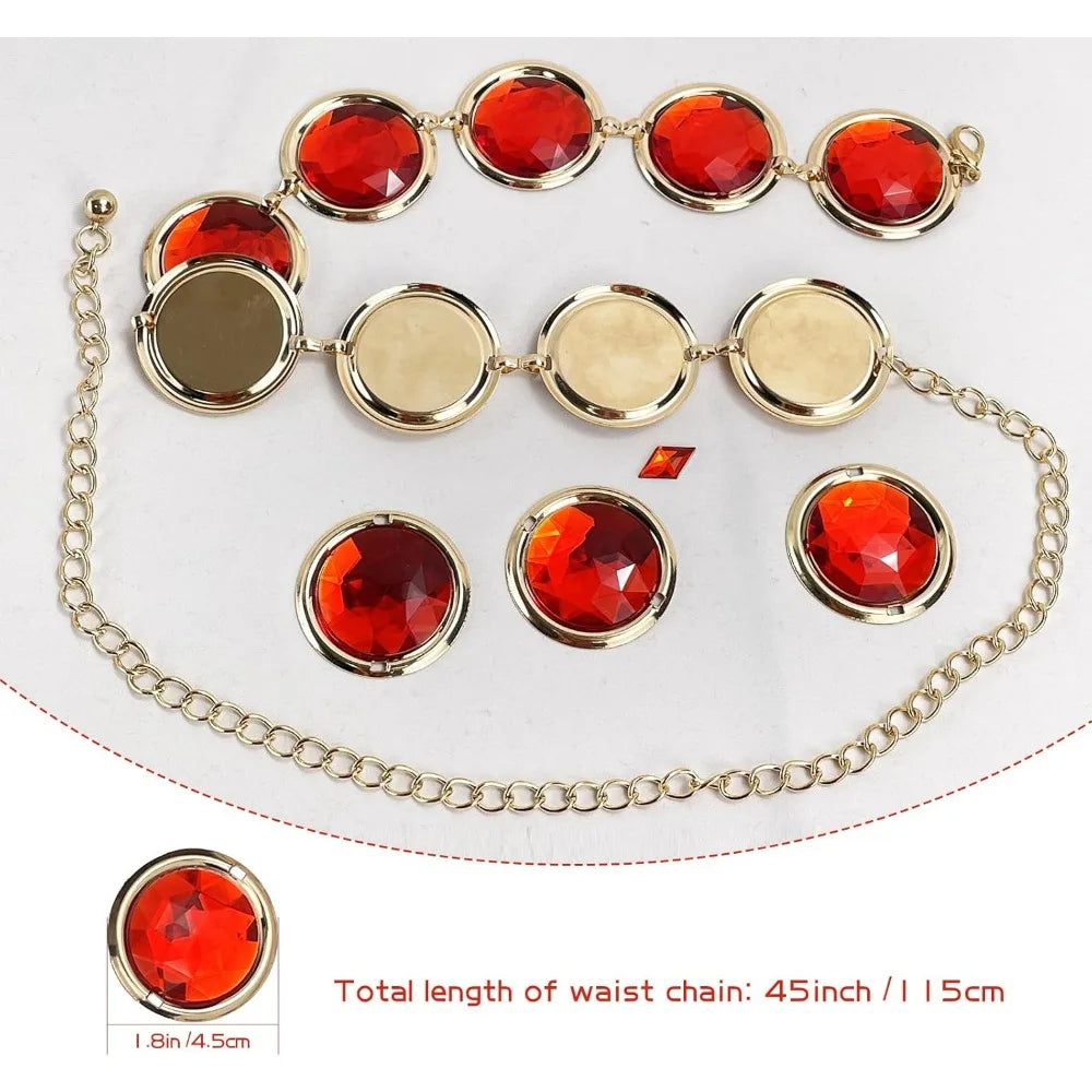 5 Pcs Women's Anime Cosplay Waist Belt Red Gems Belt Stone Chain for Halloween Costume Accessories