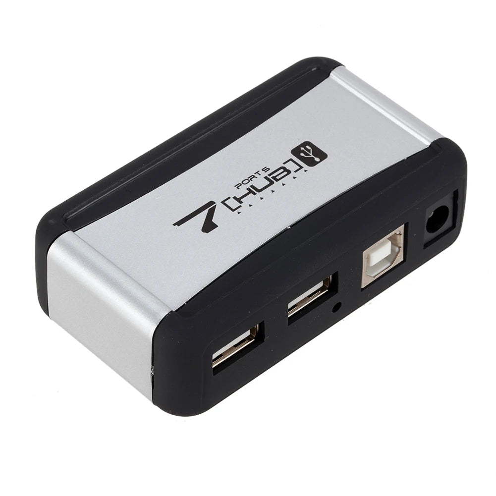 EU/US Plug USB Hub 7 Ports Splitter USB 2.0 Plug and Play Support 1.5/12/480Mbps with Power Adapter for PC Computer and Laptop