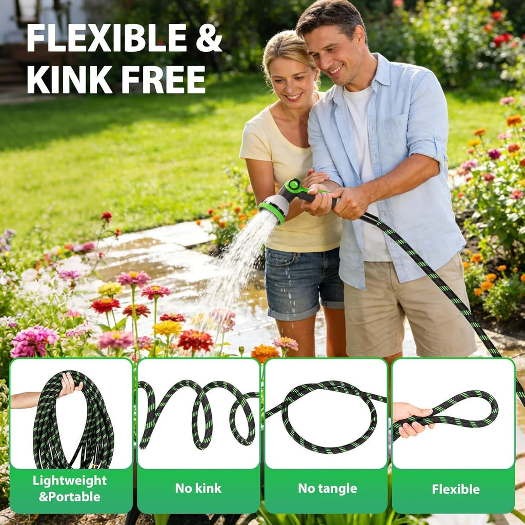 Upgraded Version of 100 Foot Non Retractable Garden Hose, Equipped with 10 Spray Mode Nozzles, lightweight and Flexible, anti Winding, with 3/4 inch Brass Joint, Explosion-Proof and Durable, Suitable for Outdoor Courtyards, L
