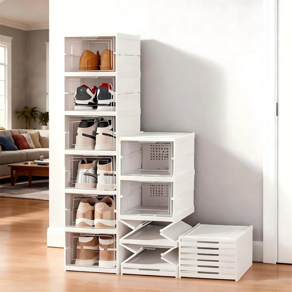 Foldable Clear Shoe Storage Organizer, Stackable Dustproof Thickened Sneaker, Shoe Box Rack Cabinet for Closet Dorm Apartment