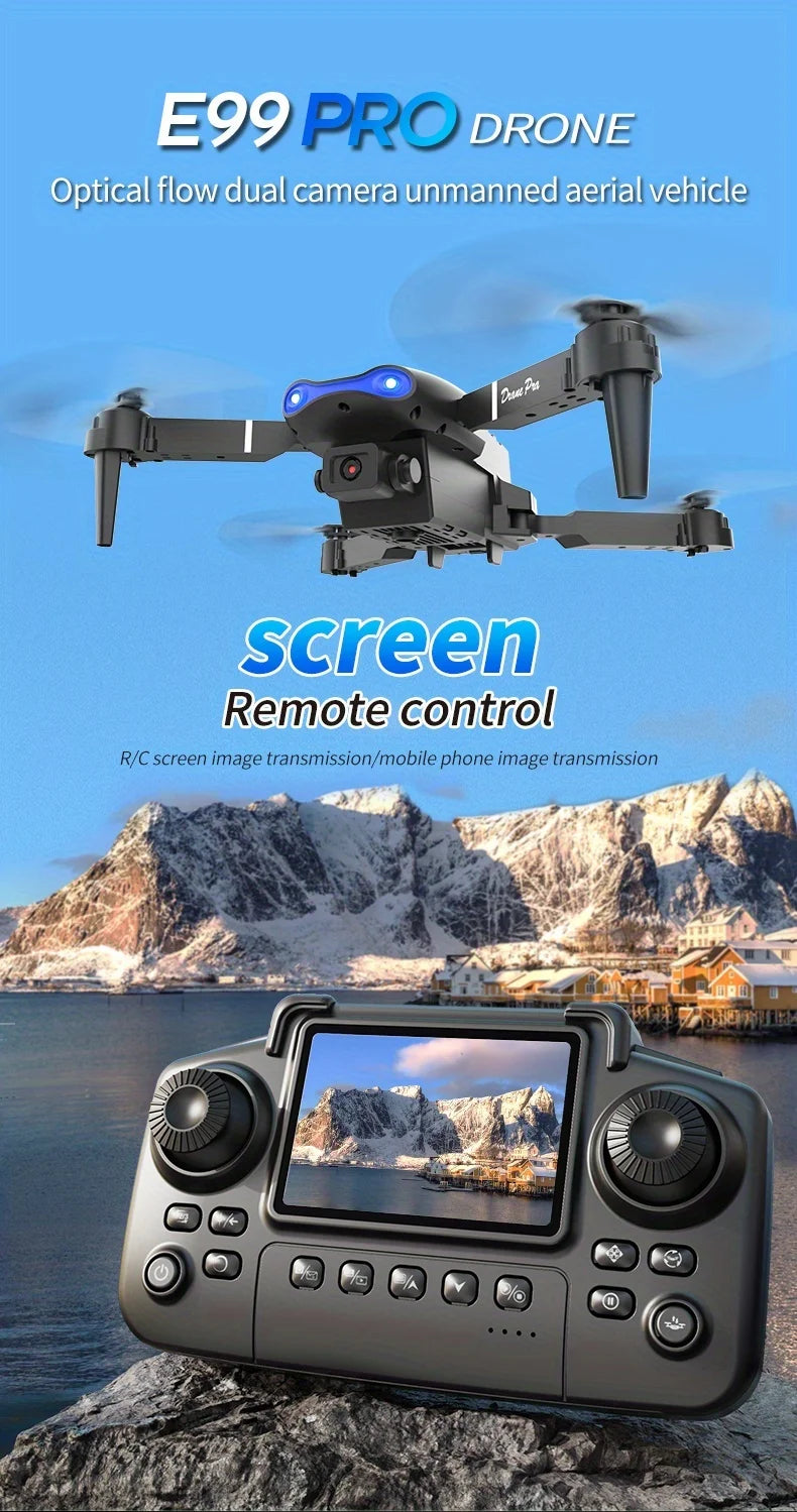 The Upgraded 2026 E99PRO MAX Drone Features Dual 8K Cameras, In-Screen Remote Control, Two Batteries, One-Key Return-to-Home, A Foldable Design, USB Charging, Wi-Fi Connectivity, and Flight Gaming Capabilities. This Drone Is
