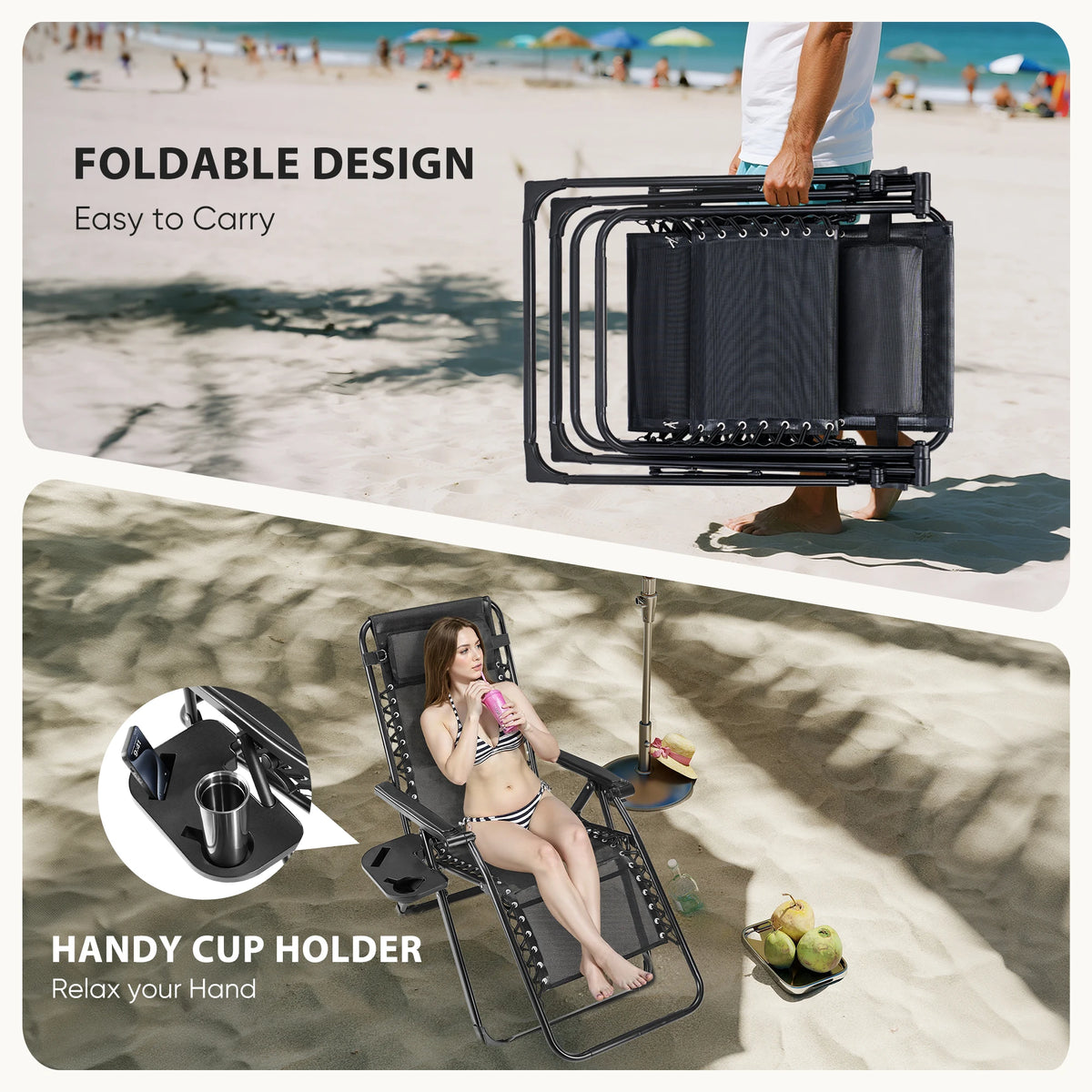 JHK Portable Zero Gravity Recliner Chairs Set of 2 Outdoor Garden Folding Lounge Chair with Cup Holder Trays Adjustable Pillow