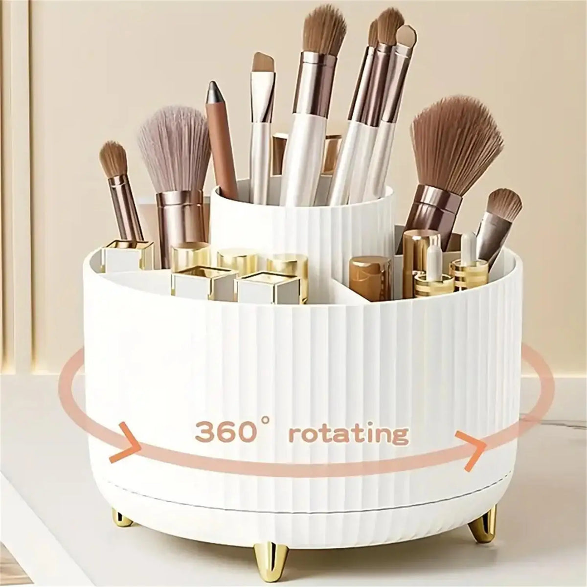 360° Rotating Makeup Organizer Plastic Cosmetic Storage 5 Compartments Multi-Functional Brush Holder Compact Travel Makeup Case