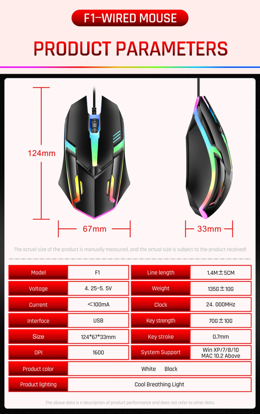 2026 hot F1 Wired 3-Button Mouse Colorful Lighting Game And Office Suitable For Microsoft Windows and Apple IOS system explosion