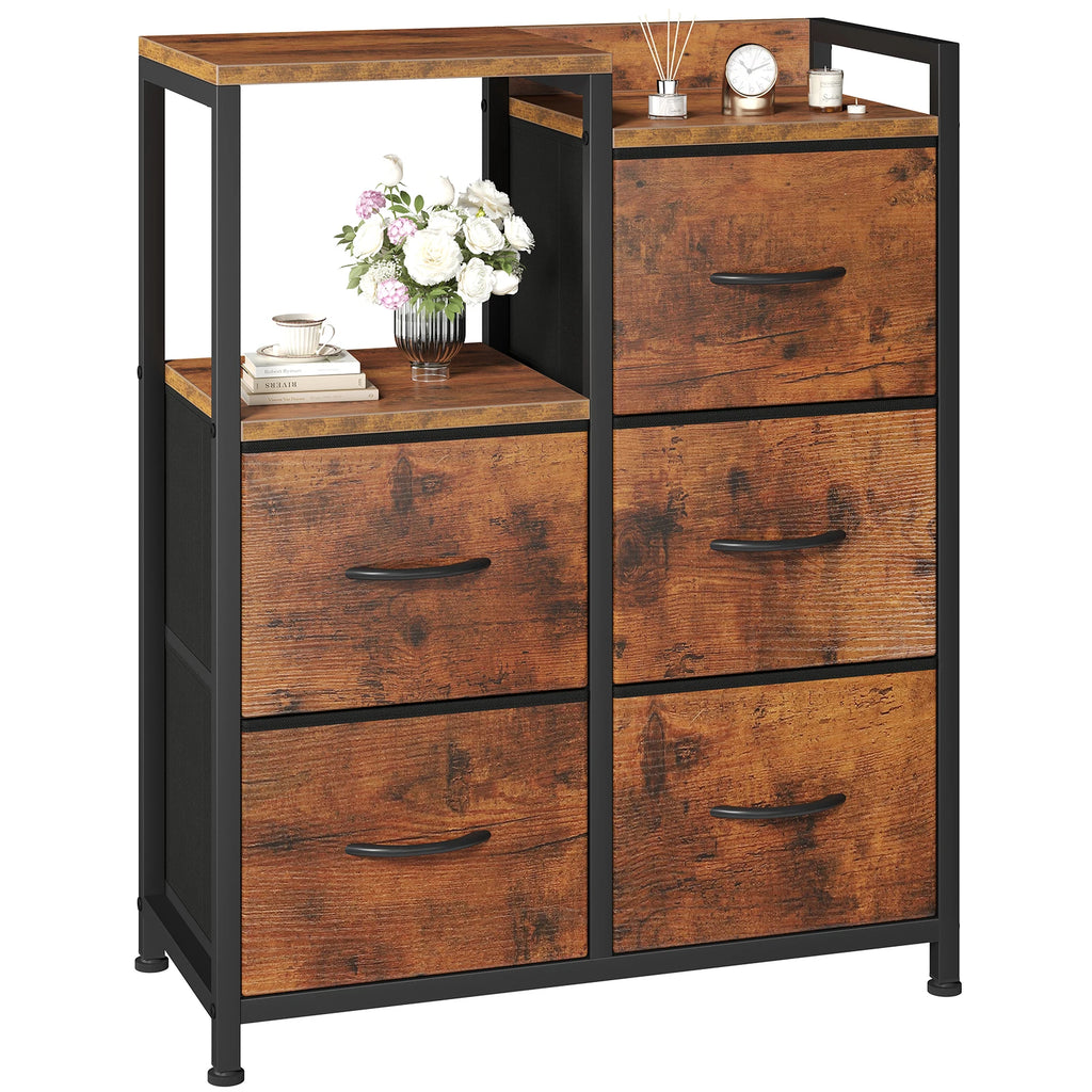 JHK  5 Fabric Drawer Chest with Raised Shelf Metal Frame TV Stands for Bedroom Storage Tower with Bins for Closet Organization Hallway Storage for Home