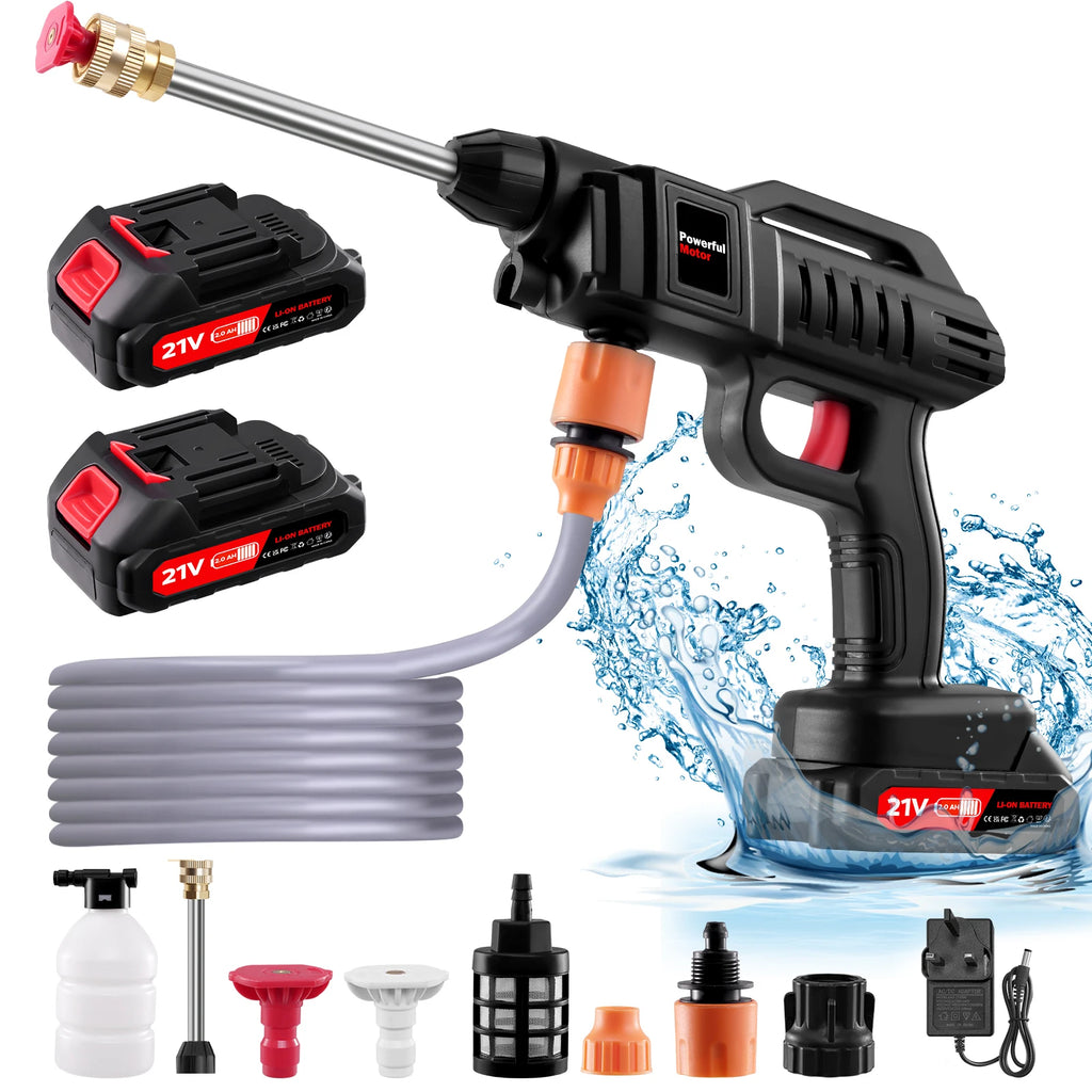 21V Cordless High Pressure Washer 60Bar Portable Wireless Cleaner with 2 Batteries Foam Cannon & Nozzles Handheld Washer for Car Garden Patio Outdoor Cleaning