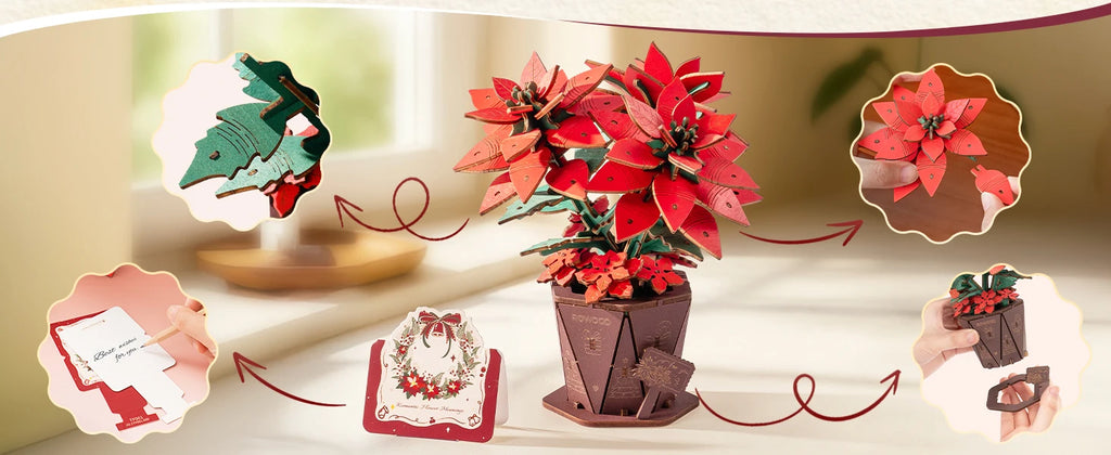 Rolife Artificial Flower Wooden 3D Puzzle Poinsettia DIY Model Building Kit for Home Decor Mother's Day Valentine's Day Gifts