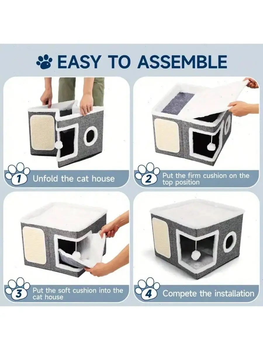 4-Season Multi-Level Cat House: Foldable Indoor Play Cube with 2-Layer Bed, Toy Tunnel, Scratching Board, Climbing Rope, Soft Cushions, and Non-Slip Base - Perfect Cat Cave & Warm Bed for Small to Large Cats (Grey）