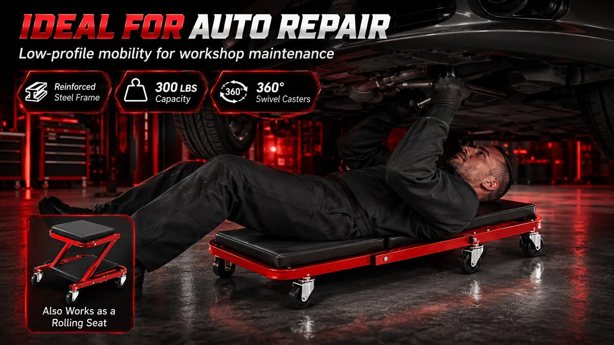3-In-1 Auto Repair Bench with Roller Moving Tool Tray Foldable Adjustable Rolling Garage Seat 300 Lbs Capacity Lying Sitting Leaning with 6 Wheel Rollers