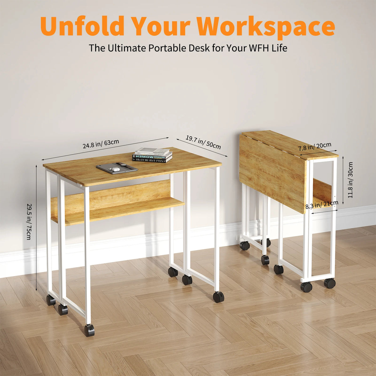 Compact 25" Folding Desk with Wheels Storage Shelf Foldable Computer Table for Small Spaces Home Office Dorm Sturdy Iron Frame Easy Assembly Natural Oak/White/Black