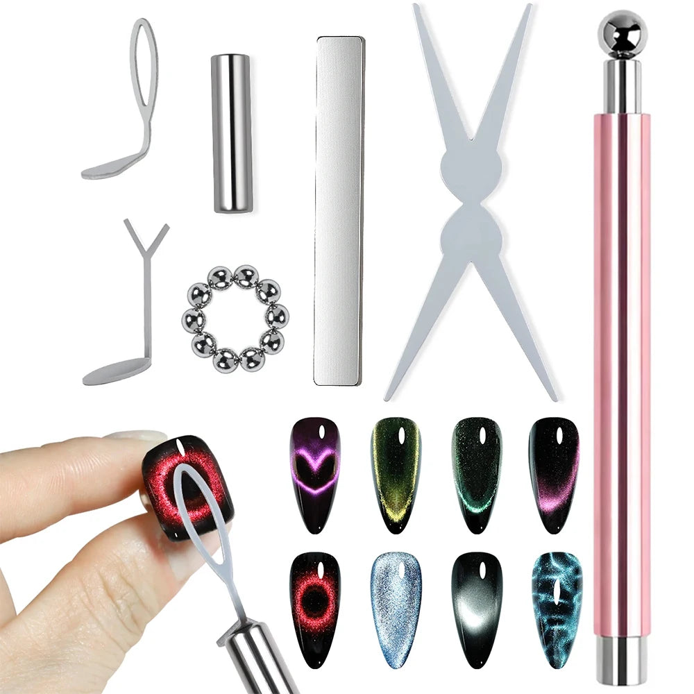 17Pcs Nail Art Nail Magnetic Stick Set Cat Eye Magnetic Ball Aluminum Handle Cylindrical UV Gel Magnet Tools Nail Design Tools