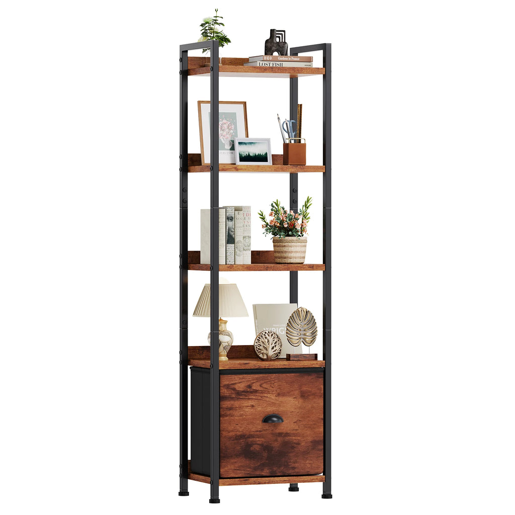 JHK Wood 5 Tier Bookshelf with 1 Fabric Drawer Multi-Functional Display Standing Shelf for Books Movies and Storage Organizer