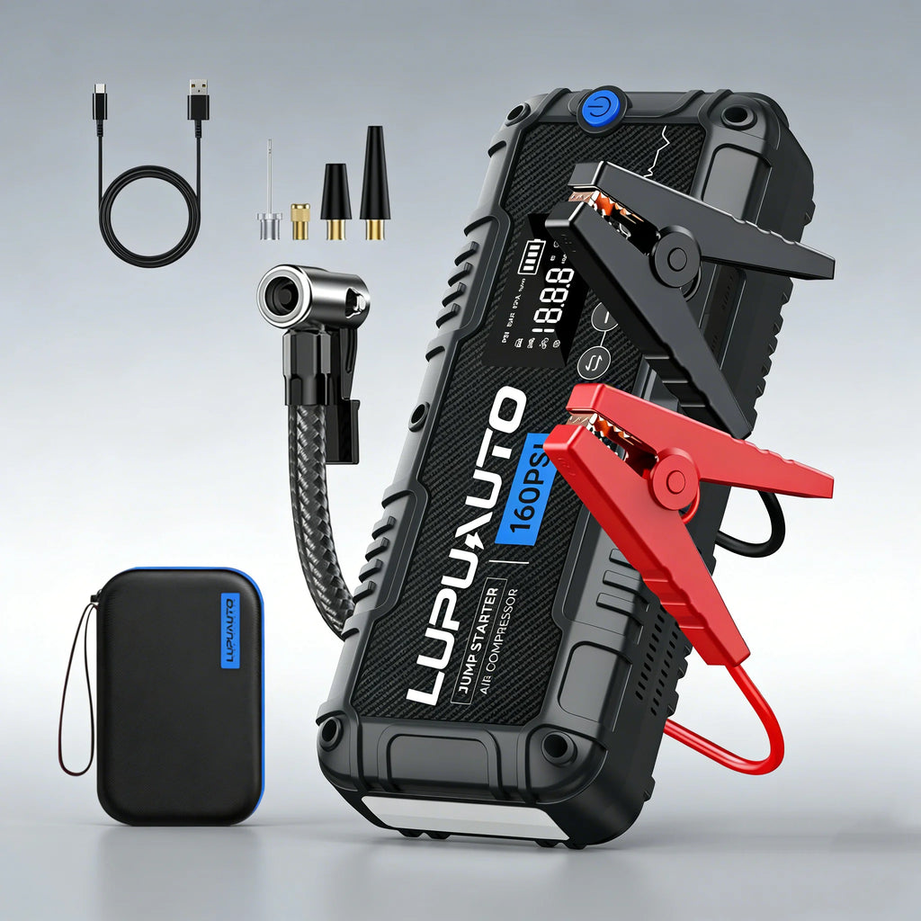 4 In 1 Car Jump Starter with LED Lighting 4000A Portable Car Battery Charger Power Bank Tire Inflator Pump 160PSI Air Compressor