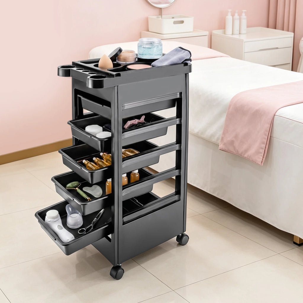 Salon Trolley Cart with Wheels and 5 Drawers, Multipurpose Beauty Cart, Hairdressing Rolling Cart for Barbershop Beauty Spa, Black