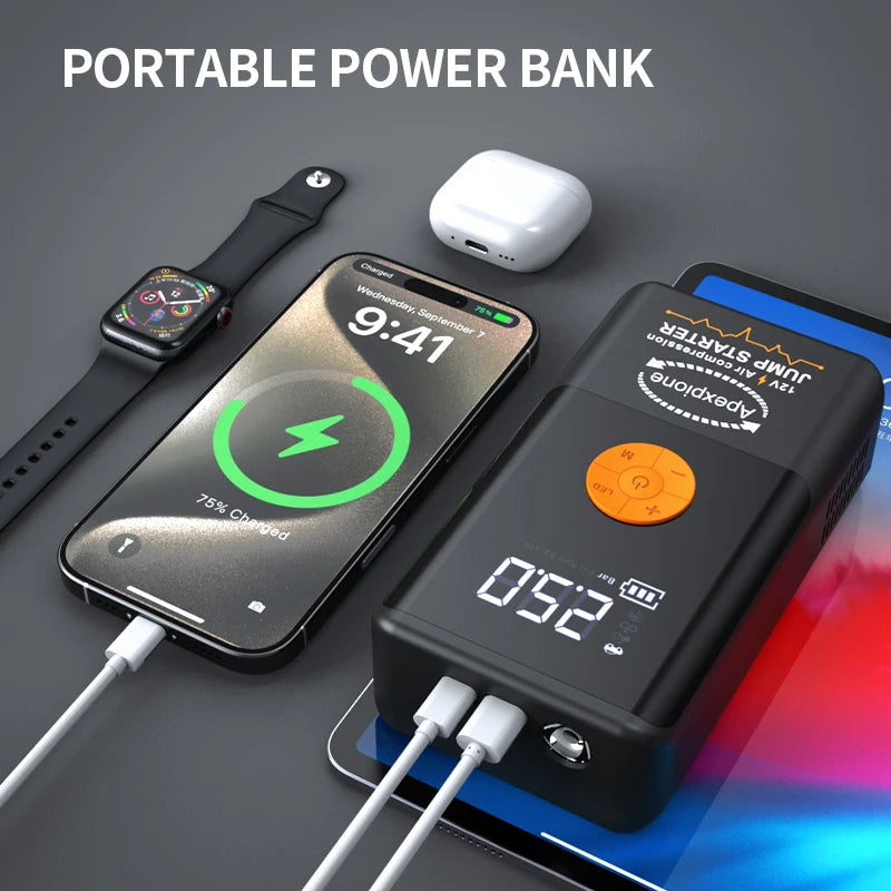 5-IN-1 Car Jump Starter with Air Compressor High Peak Auto Battery Booster 150PSI Air Pump Power Bank Tire Inflator