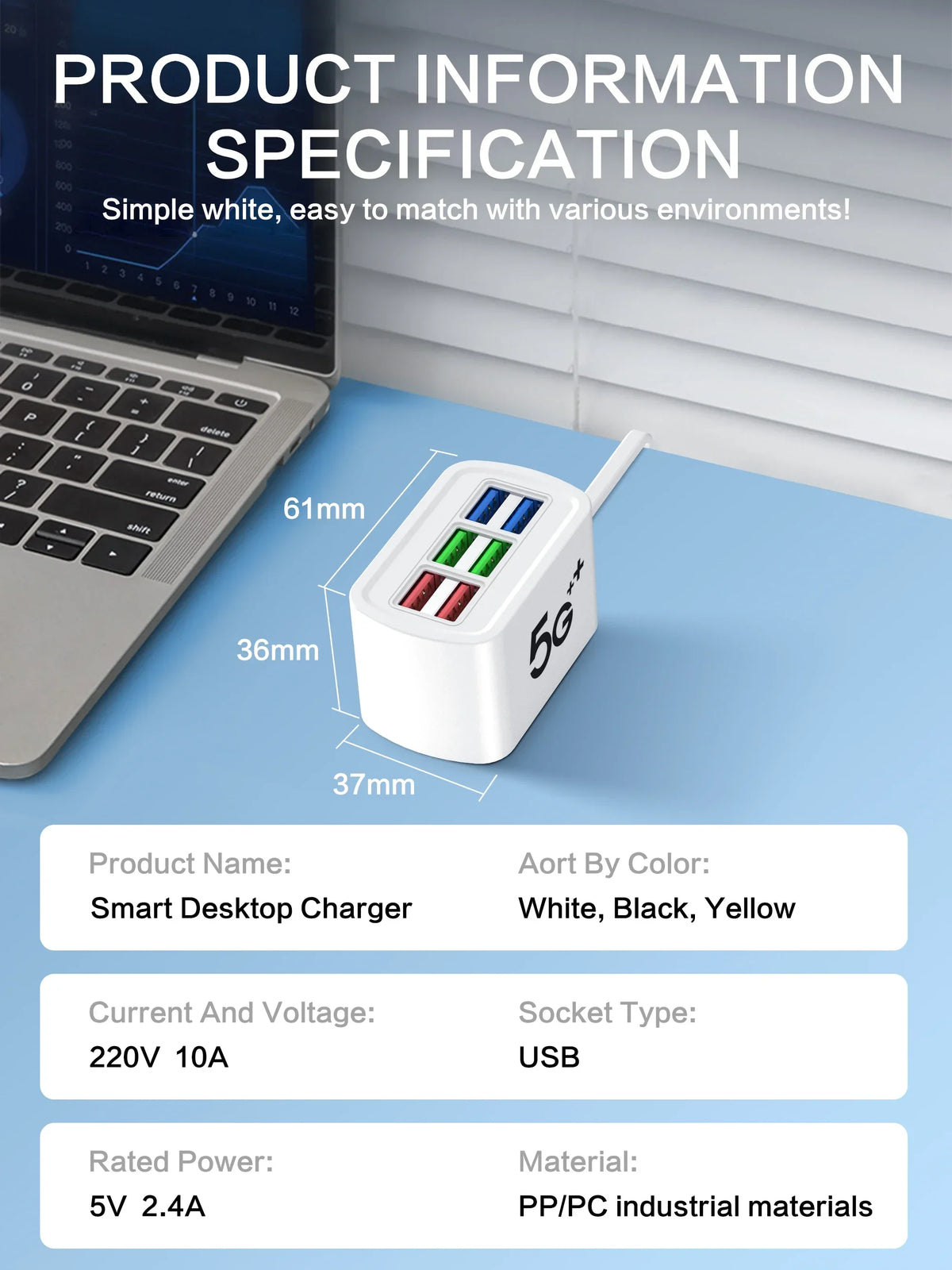 Fast USB Charger 6 in 1 Power Strip Desktop Charging Station Fast Charging 1m Cord USB HUB Adapter Socket for iPhone 16 Home