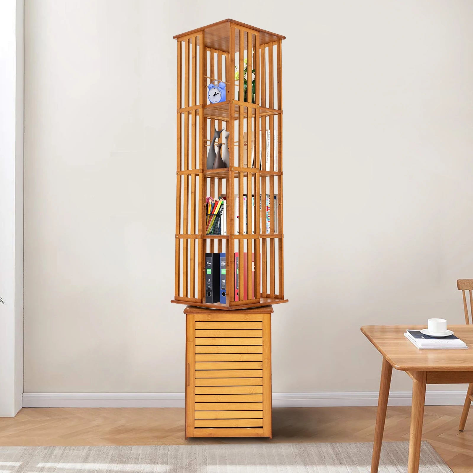 6-Tier Corner Bamboo Book Shelf Waterproof 360° Rotating Storage Display Rack Floor Standing Bookcase Shutter Door Design for Living Room Study Room Office,37*37*172cm