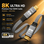 8K HDMI 2.1 Cable, 48Gbps Flat Braided HDMI Cord, Supports 8K60Hz and 4K120Hz, Aluminum Alloy Shell for TV, Monitor, Projector