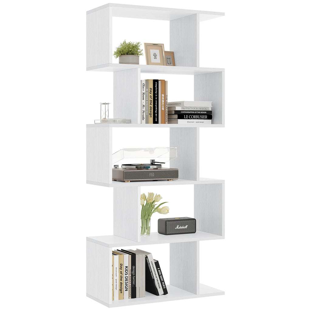 JHK 62IN Geometric Bookcase 5 Tier S-Shaped Wooden Display Bookshelf Storage Standing Shelf Stable Frame Graduated Shelves
