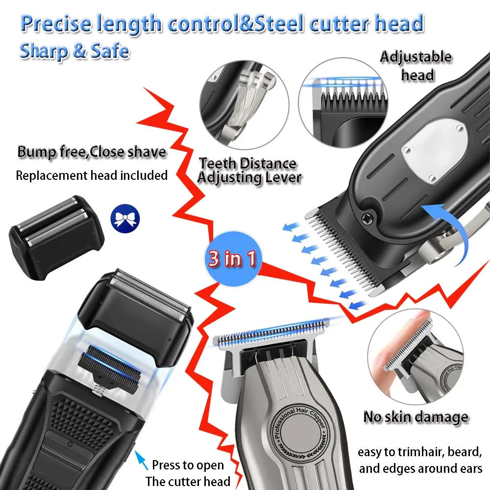 Professional Hair Clipper Set for Men, Cordless Haircut Kit with LED Display, 3-in-1/2-in-1/1pc  rechargeable Hair Clipper & T-Blade Trimmer & electric shaver, Barber Zero-Gapped Detailer, DIY Grooming Tools with Scissors, Co