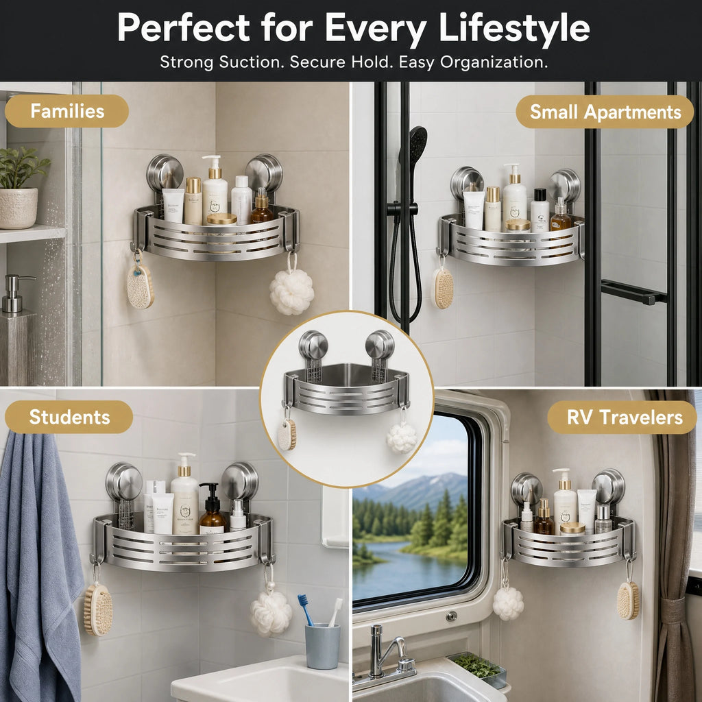 Shower Wall Storage Basket,Suction Mount No Drilling,Rustproof Aluminum, 4-Layer Protection,for Corner Space, Includes Towel Bar