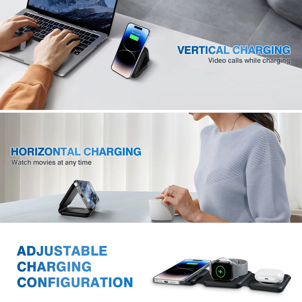 15W Magnetic Wireless Chargers 3 in 1 Foldable Phone Charge Dock Fast Charg Travel for Apple Watch IPhone 14/13/12/11/X AirPods