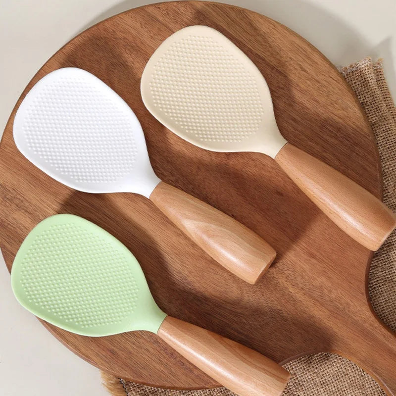 Wooden Handle Silicone Rice Spoon, Heat-Resistant, Anti-Scald, Odor-Free, for Home & Restaurants
