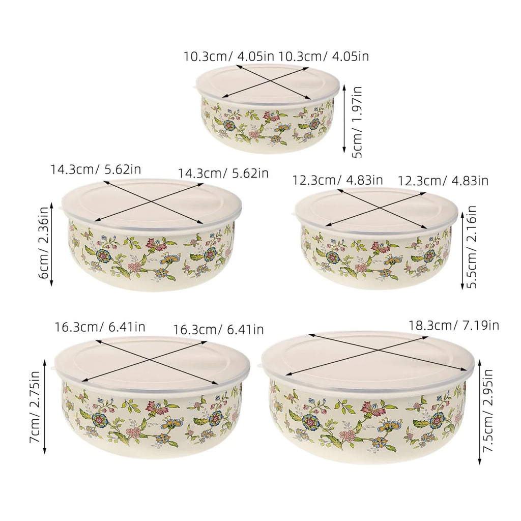 5PCS Enamel Bowls, Enamel on Steel Mixing Bowls with Lids, Vintage Soup Retro Food Containers Soup with Lids, Mixing with Set Containers for Food Fruits Salad