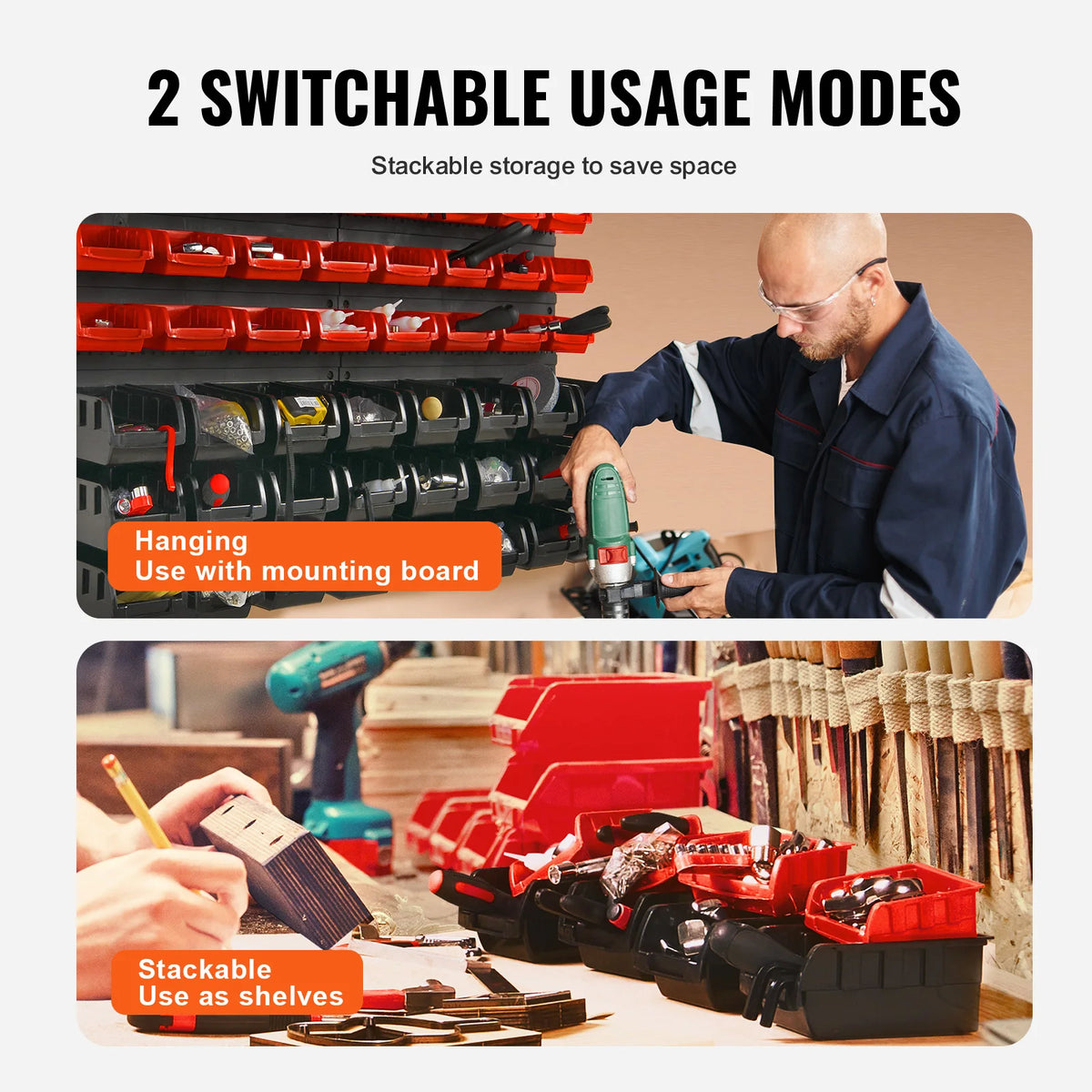 SucceBuy 48pcs Parts Storage Bins Wall Mounted Garage Containers with Wall Panels Tool Organizer for Nuts Bolts Screws Nails