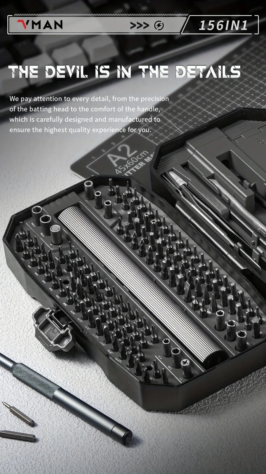 VMAN 156-in-1 Mini Electric Screwdriver Set Precision Repair Tools with Magnetic Phillips Screw Driver Bits for iPhone PC Watch Camera