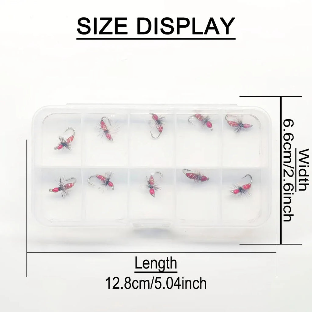 10Pcs-Dry Flies Artificial Bait Fly Fishing Flies Red Griffith Ant Nymph Bait for Trout/carp Fishing Artificial (with Flies Box)