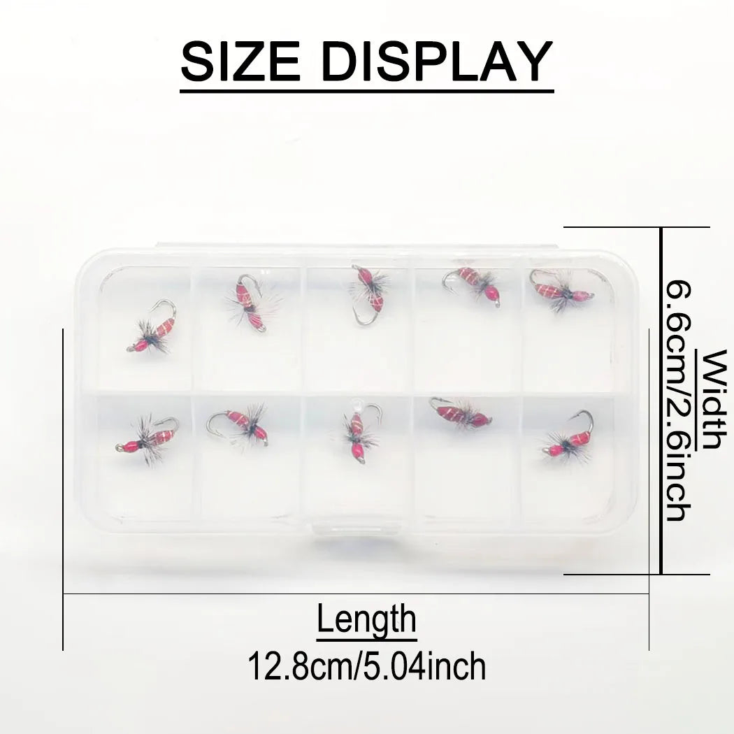 10Pcs-Dry Flies Artificial Bait Fly Fishing Flies Red Griffith Ant Nymph Bait for Trout/carp Fishing Artificial (with Flies Box)