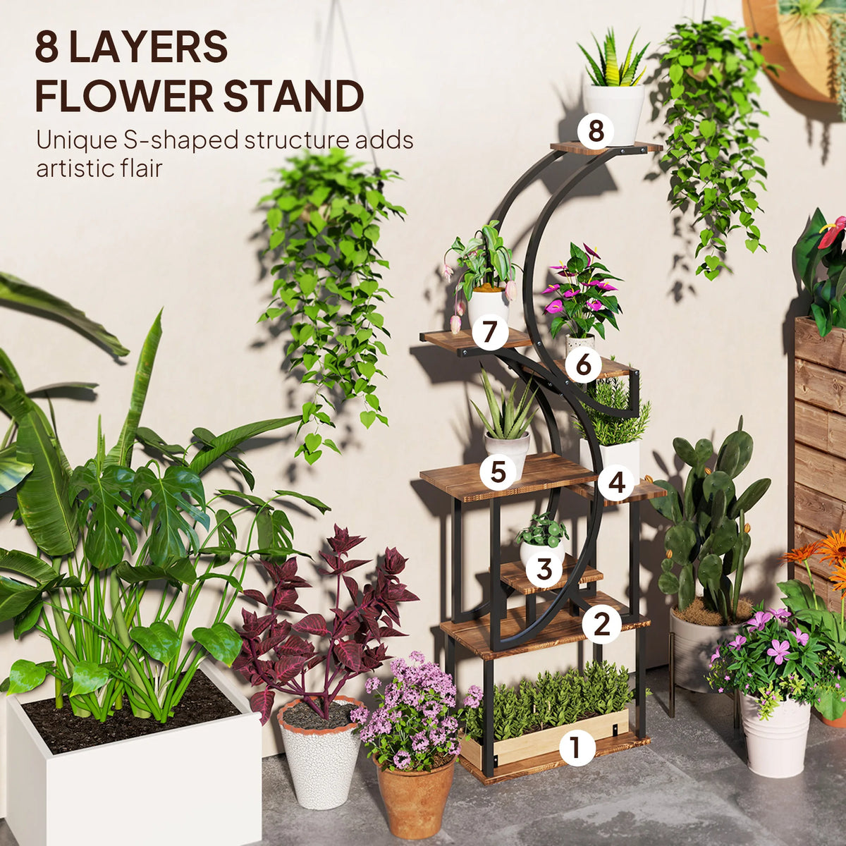 8-Tier Plant Stand, 62inch S-Shaped Plant Stands, Carbonized Treatment