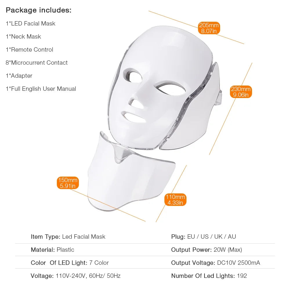 7 Colors Light LED Face Neck Beauty Mask Photon Red Light Facial Skin Care Anti Aging Rejuvenation Brighten Skin Care Tool