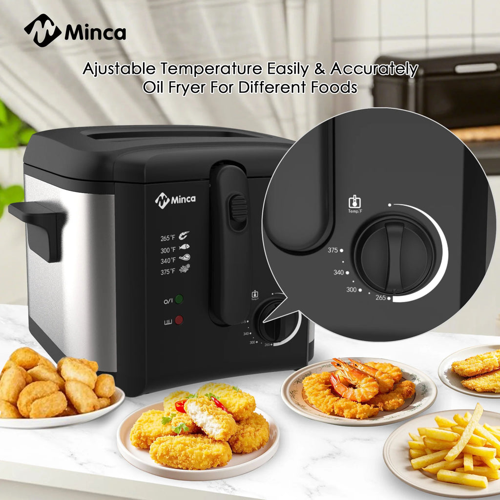 M Minca 2.5L Deep Fryer, 1500W Non-Stick Electric Fryer with Temperature Control, Detachable Lid & Odor Filter, Removable Frying Basket, Non-Slip Base, Easy to Clean, Ideal for Small Families