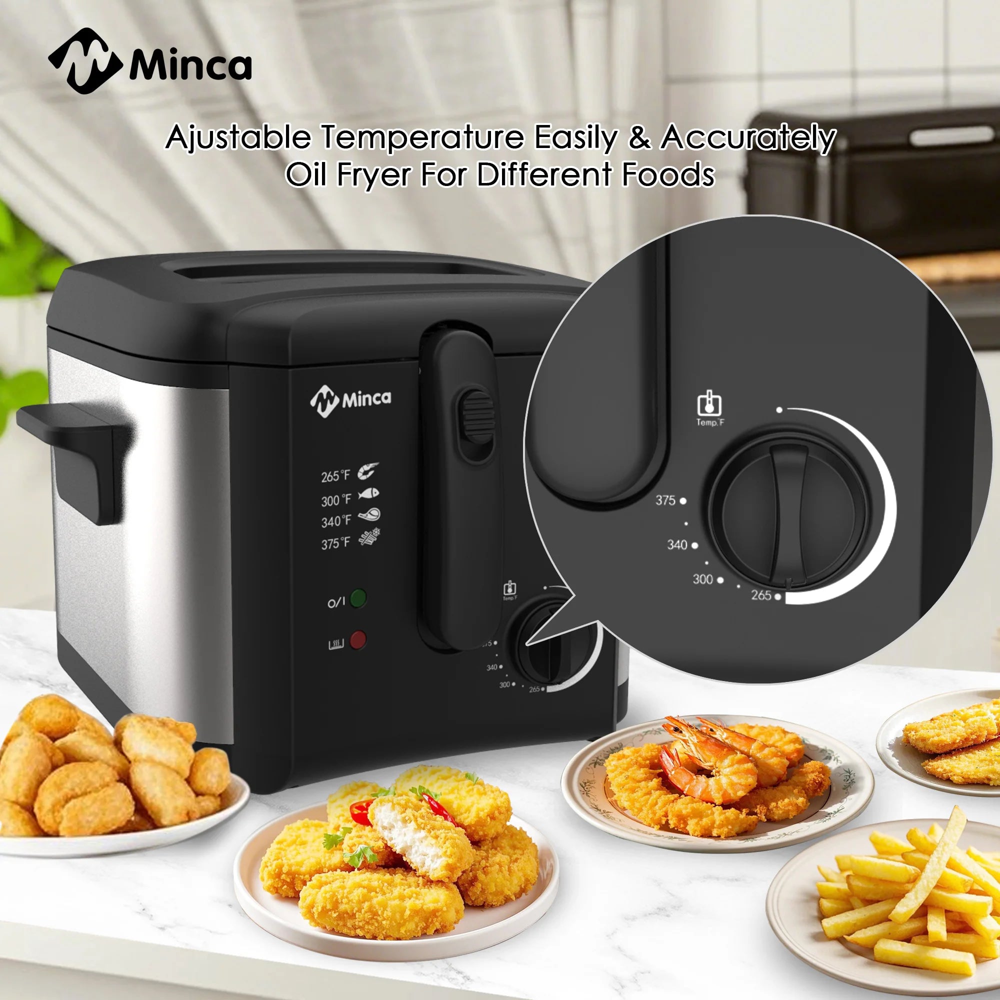 M Minca 2.5L Deep Fryer, 1500W Non-Stick Electric Fryer with Temperature Control, Detachable Lid & Odor Filter, Removable Frying Basket, Non-Slip Base, Easy to Clean, Ideal for Small Families