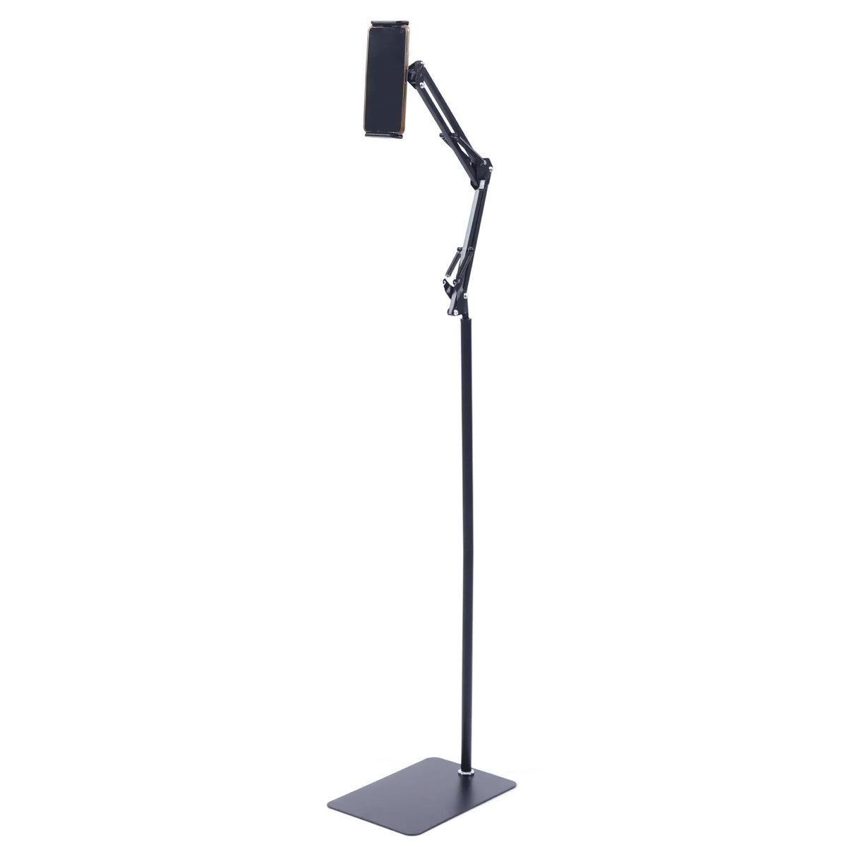 Tablet Floor Stand, 360° Swivel Adjustable Height & Angle, Heavy Duty Carbon Steel, Non-Slip Base, Portable & Foldable, Universal Holder for 12-18cm Phones & Tablets, for Home Office Kitchen Gym Bedroom, Easy Assembly