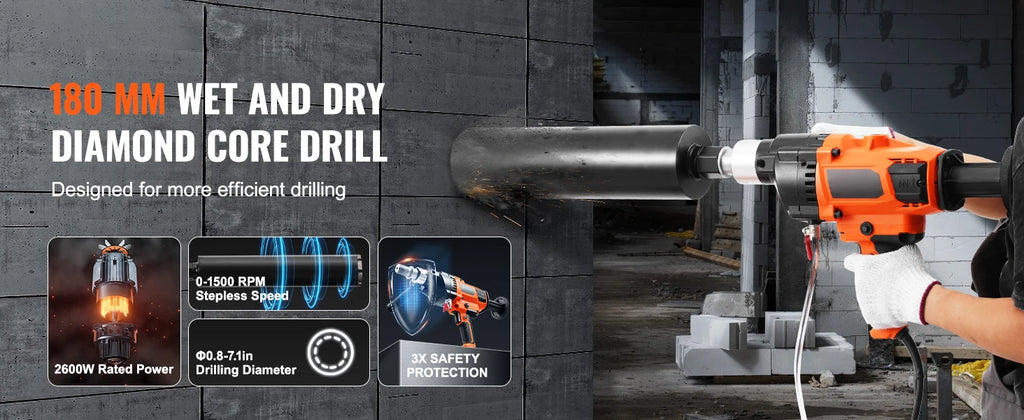 SucceBuy 2000W/2600W Handheld Core Drill Machine Drilling Diameter Wet&Dry Diamond Core Drill Rig Rugged Concrete Core Drill