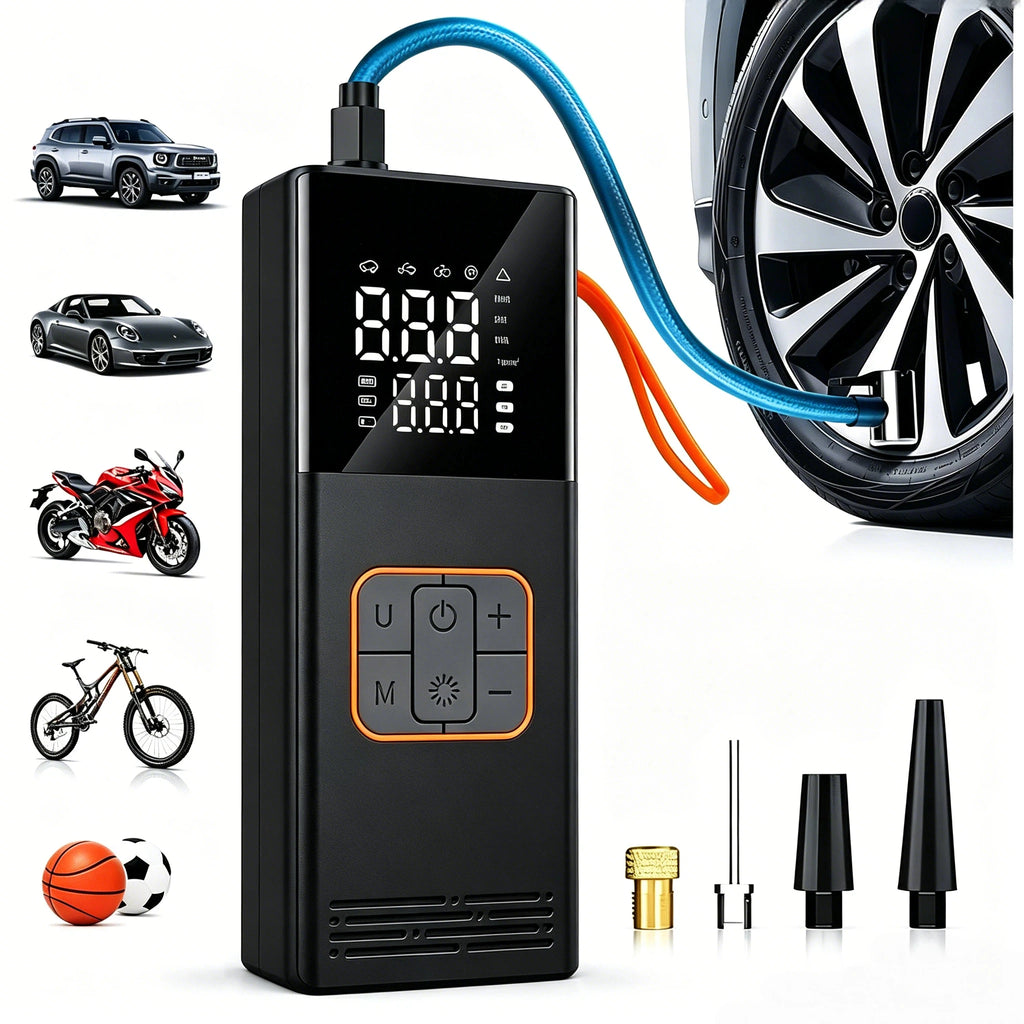 POWNYM Cordless Portable Tire Air Pump, 150PSI Wireless Inflator with Pressure Gauge & LED Light, Multi Adapters, Jump Starter for Auto Bike & Inflatable Balls